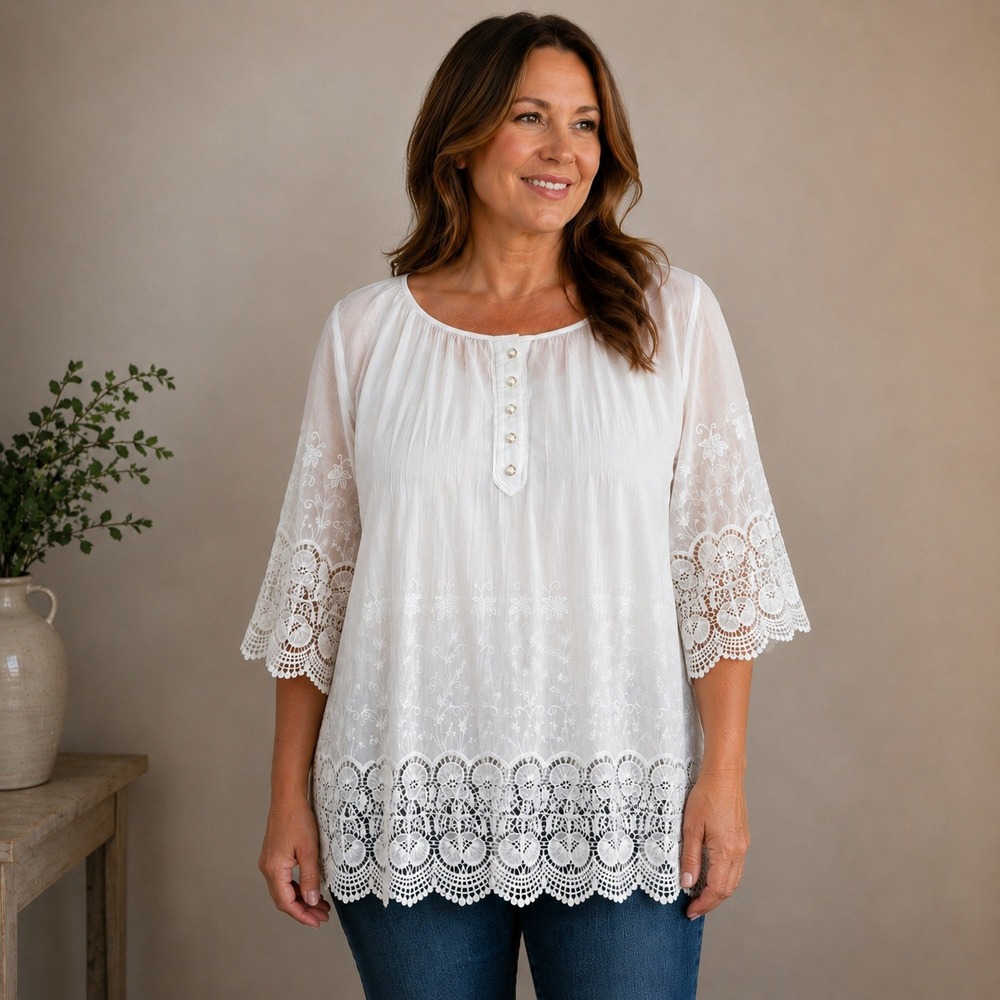 V Cristina Cotton Silk Lace Blouse Womens Large White Embroidered Crochet Boho